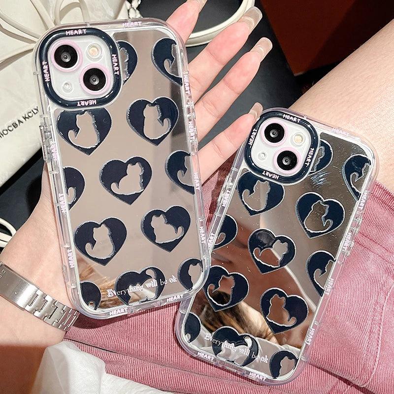 TSP90 Cute Phone Cases For iPhone 15 Pro Max, 14, 13, 11, and 12 - Cat Heart Plating Mirror Back Cover - Touchy Style