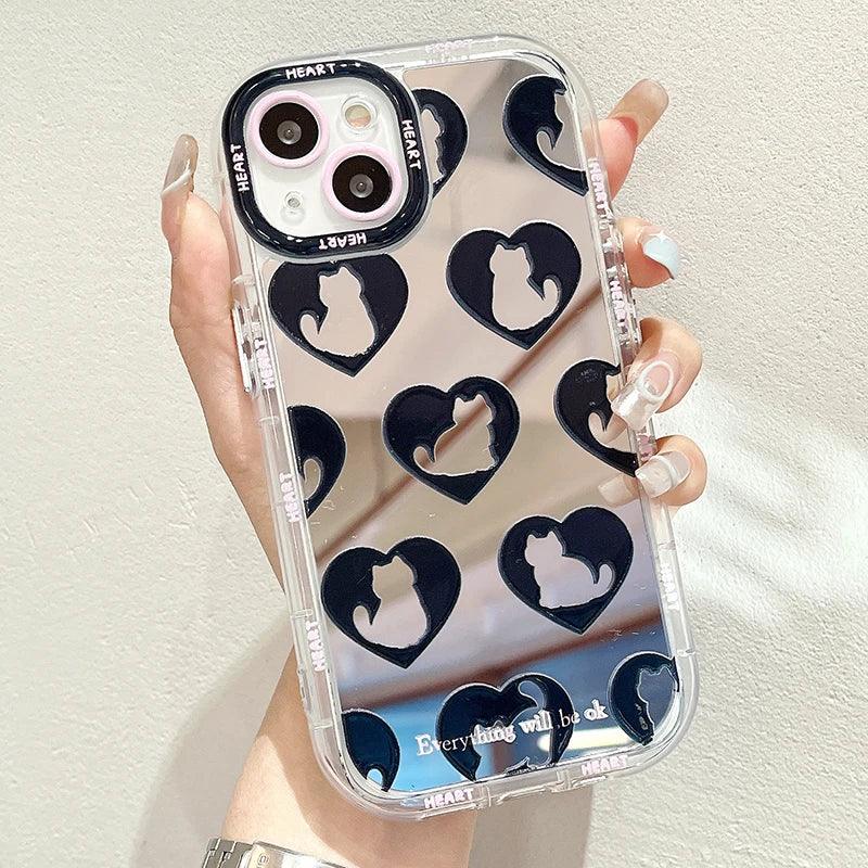 TSP90 Cute Phone Cases For iPhone 15 Pro Max, 14, 13, 11, and 12 - Cat Heart Plating Mirror Back Cover - Touchy Style