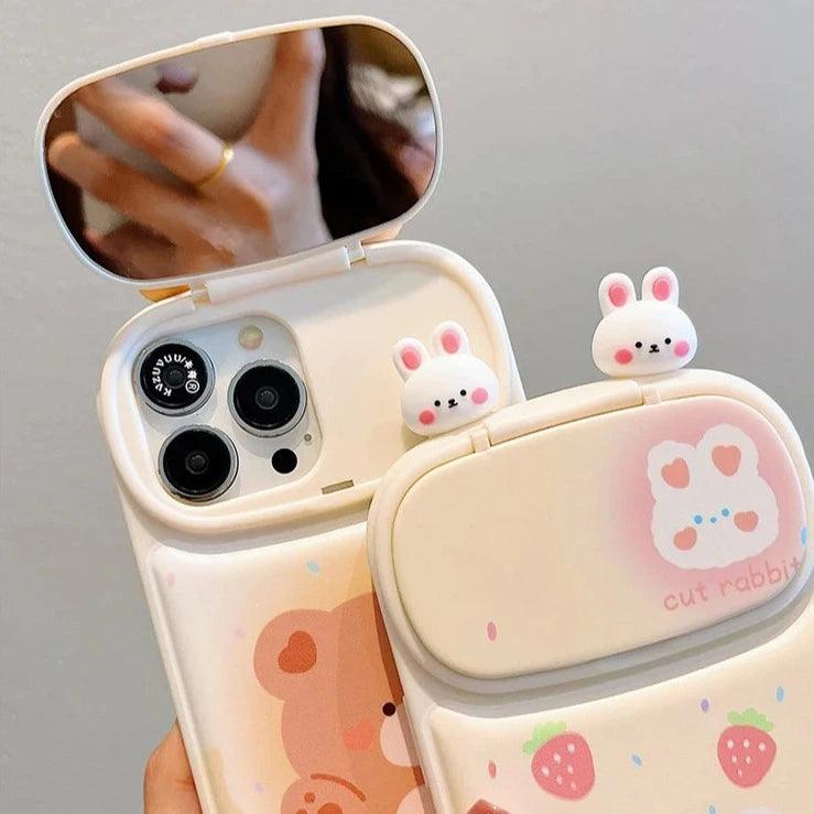 TSP92 Cute Phone Cases For iPhone 15 Pro Max, 14, 13, 12, and 11 - Cartoon Bear Rabbit Makeup Mirror Cover - Touchy Style