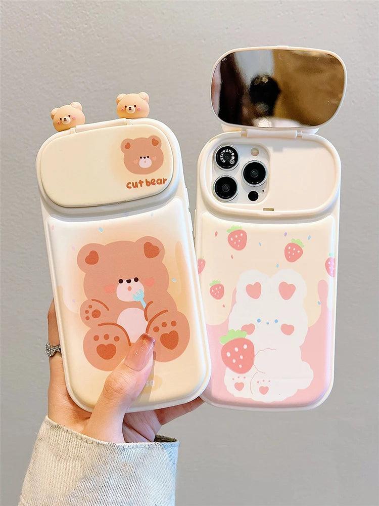 TSP92 Cute Phone Cases For iPhone 15 Pro Max, 14, 13, 12, and 11 - Cartoon Bear Rabbit Makeup Mirror Cover - Touchy Style