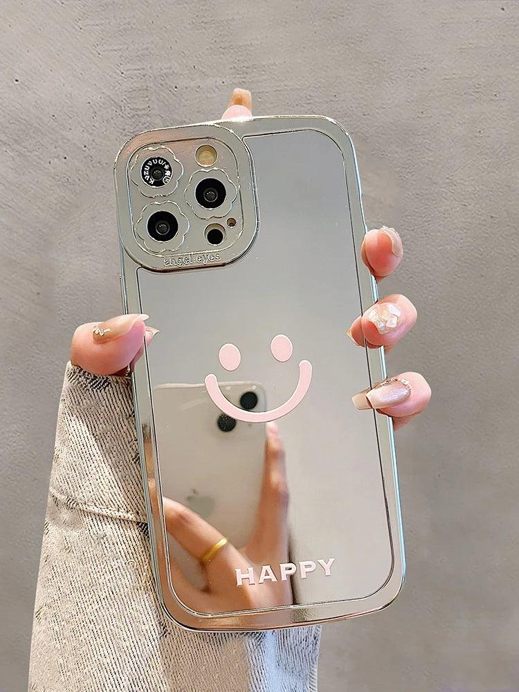 TSP94 Cute Phone Cases For iPhone 15, 14, 13, 11, and 12 Pro Max - Happy Smile Electroplated Makeup Mirror Back Cover - Touchy Style