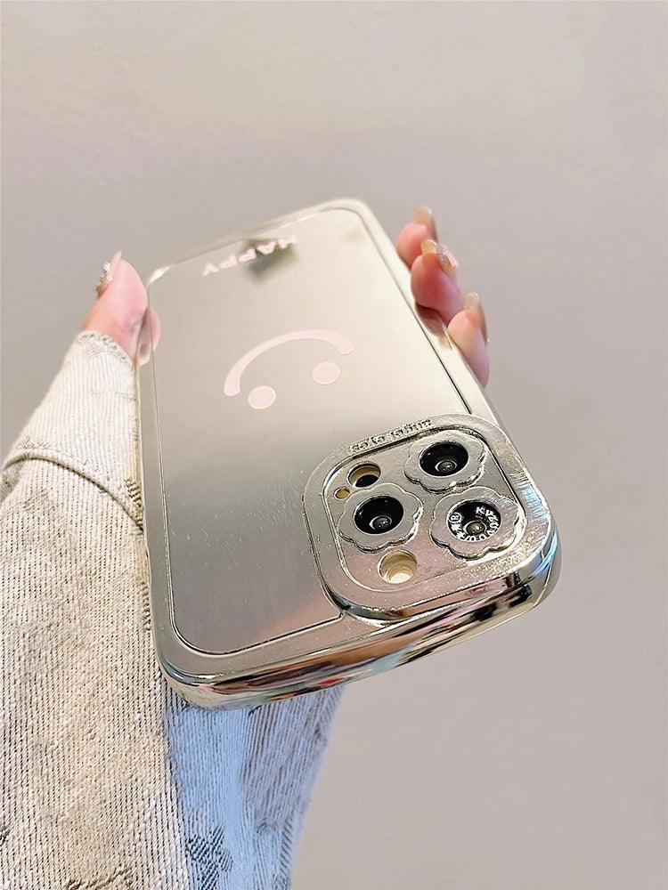 TSP94 Cute Phone Cases For iPhone 15, 14, 13, 11, and 12 Pro Max - Happy Smile Electroplated Makeup Mirror Back Cover - Touchy Style