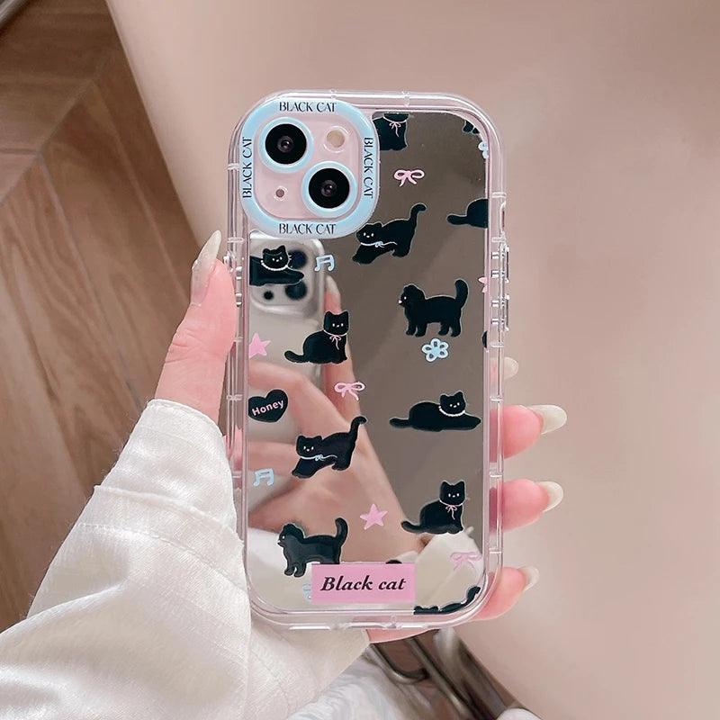 TSP98 Cute Phone Cases For iPhone 15, 14, 13, 11, and 12 Pro Max - Lovely Black Cat Pattern - Mirror Back Cover - Touchy Style