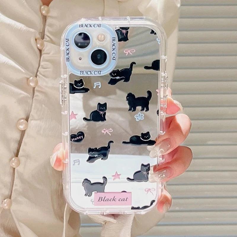 TSP98 Cute Phone Cases For iPhone 15, 14, 13, 11, and 12 Pro Max - Lovely Black Cat Pattern - Mirror Back Cover - Touchy Style