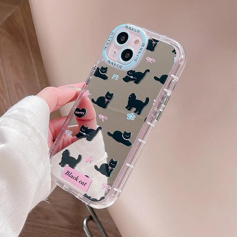 TSP98 Cute Phone Cases For iPhone 15, 14, 13, 11, and 12 Pro Max - Lovely Black Cat Pattern - Mirror Back Cover - Touchy Style