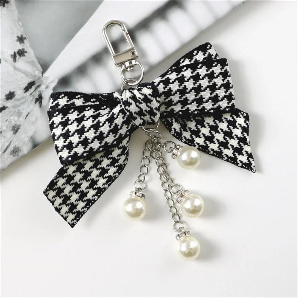 Unique Keychains - Classic Black White Lattice Bowknot - Pearl and Bear Pendant - TSKC16 - Touchy Style