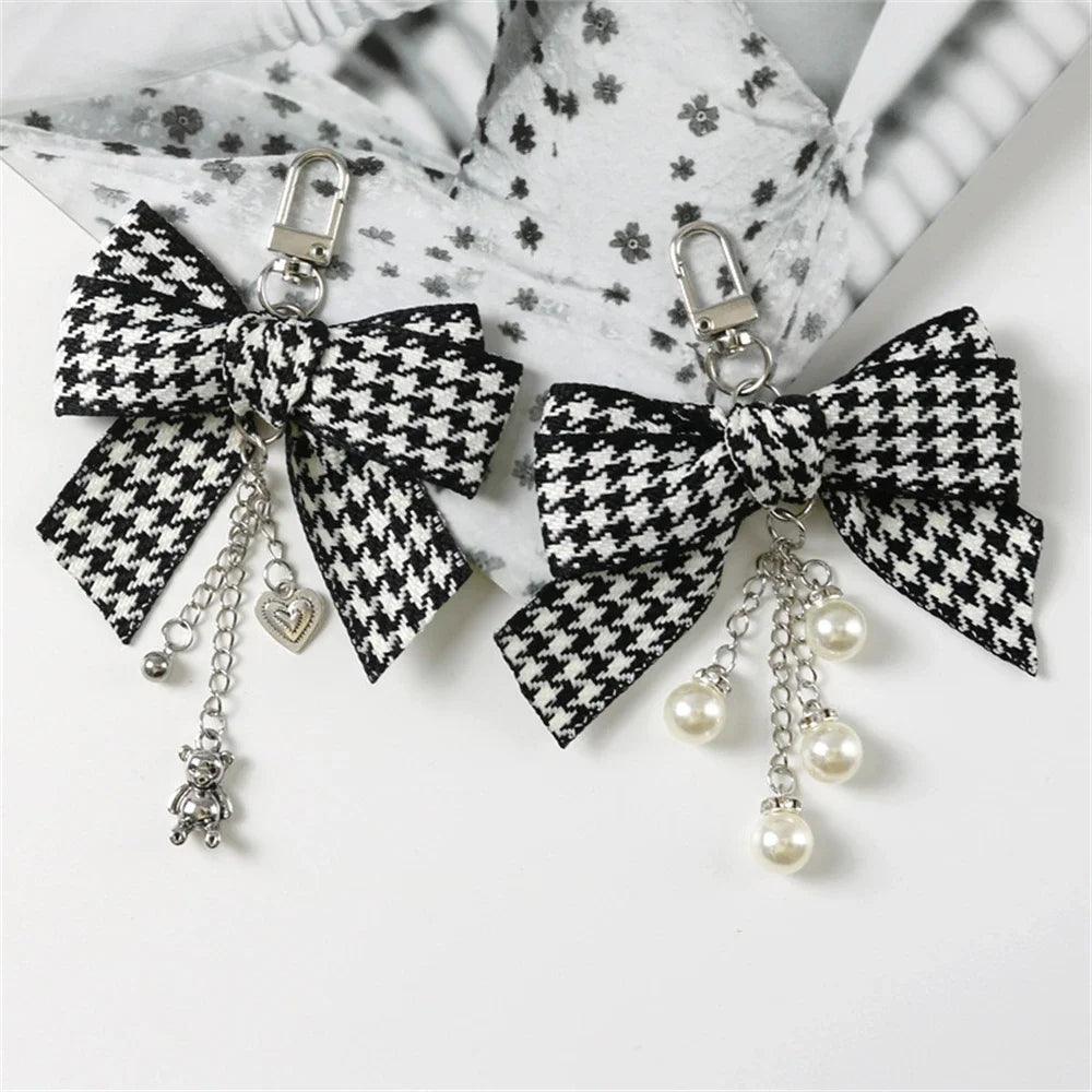 Unique Keychains - Classic Black White Lattice Bowknot - Pearl and Bear Pendant - TSKC16 - Touchy Style