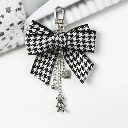 Unique Keychains - Classic Black White Lattice Bowknot - Pearl and Bear Pendant - TSKC16 - Touchy Style