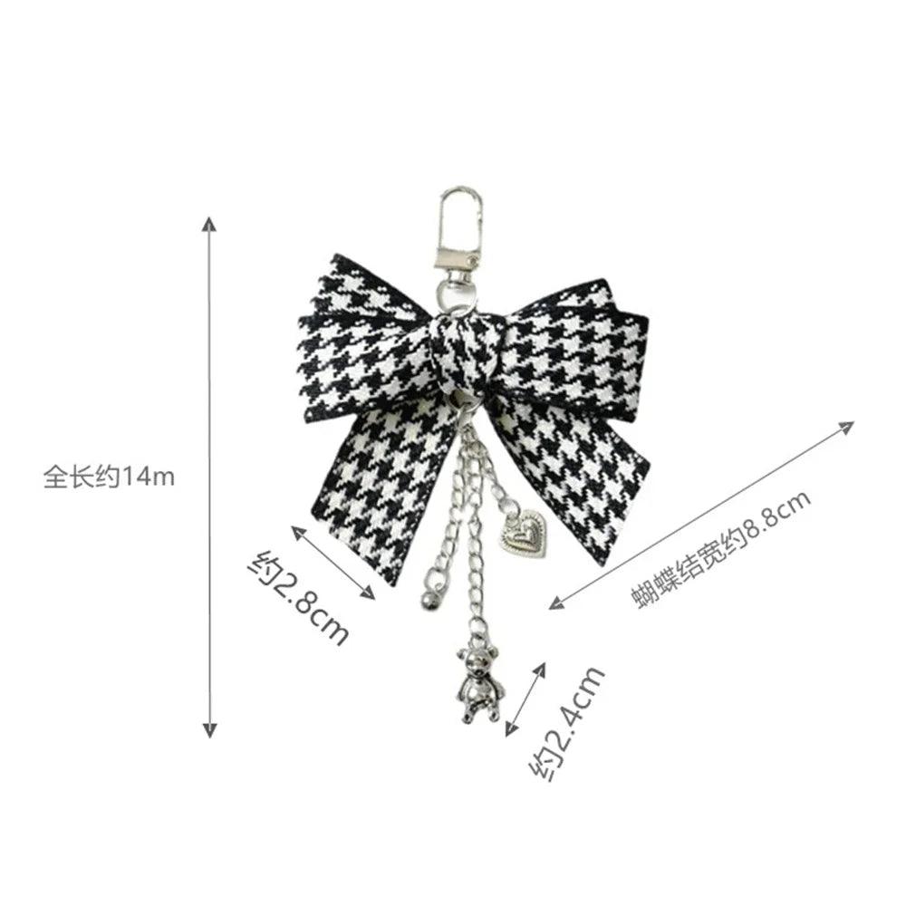 Unique Keychains - Classic Black White Lattice Bowknot - Pearl and Bear Pendant - TSKC16 - Touchy Style