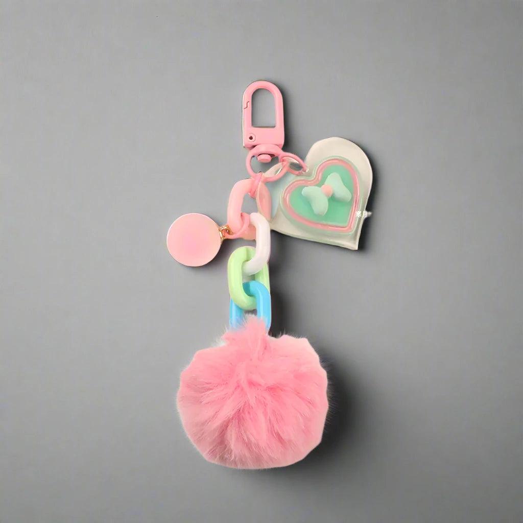 Unique Keychains - Classic Plush - Colorful Acrylic Heart, Pompom Keyrings - TSKC4 - Touchy Style