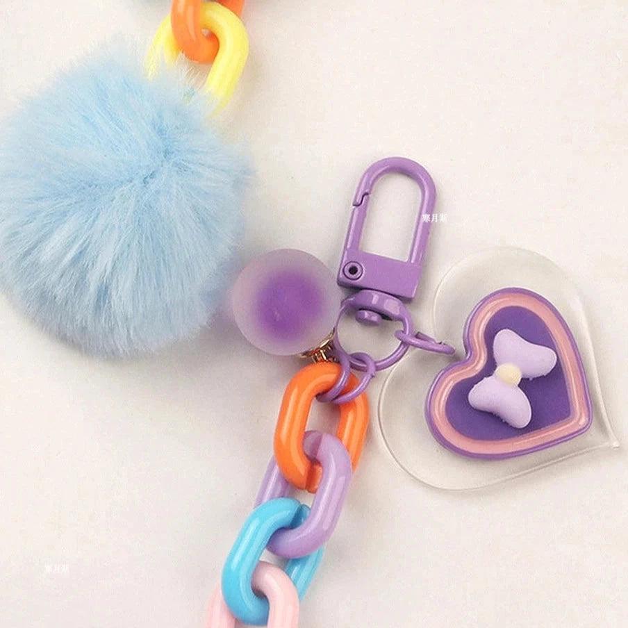 Unique Keychains - Classic Plush - Colorful Acrylic Heart, Pompom Keyrings - TSKC4 - Touchy Style