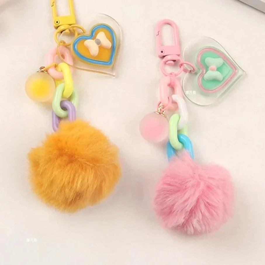 Unique Keychains - Classic Plush - Colorful Acrylic Heart, Pompom Keyrings - TSKC4 - Touchy Style