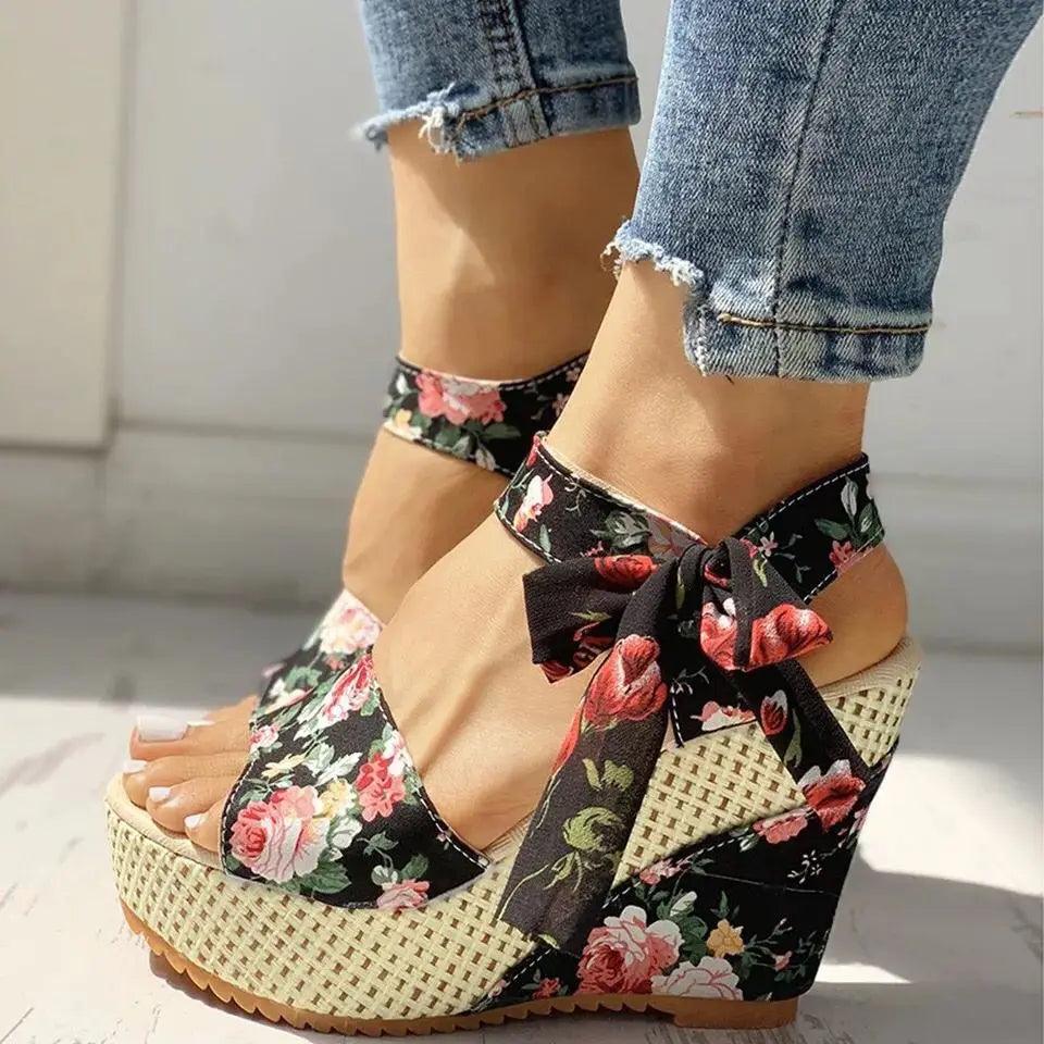 Women's Floral Print Wedge Sandals, Stylish Ribbon Details Platform  Sandals, Fashion Dressy Shoes