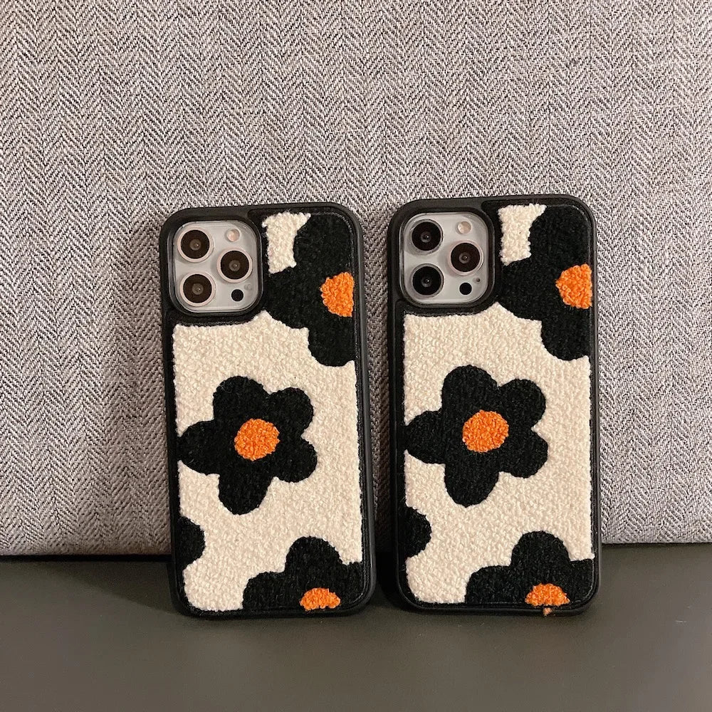 Winter Plush Cute Phone Cases for iPhone 14 13 Pro 12 11 7 8 X XR XS Max Orange Floral - Touchy Style