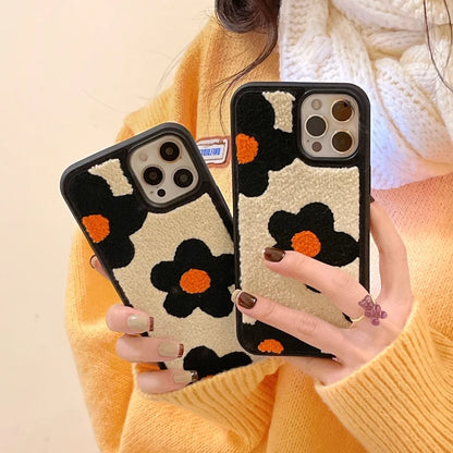 Winter Plush Cute Phone Cases for iPhone 14 13 Pro 12 11 7 8 X XR XS Max Orange Floral - Touchy Style