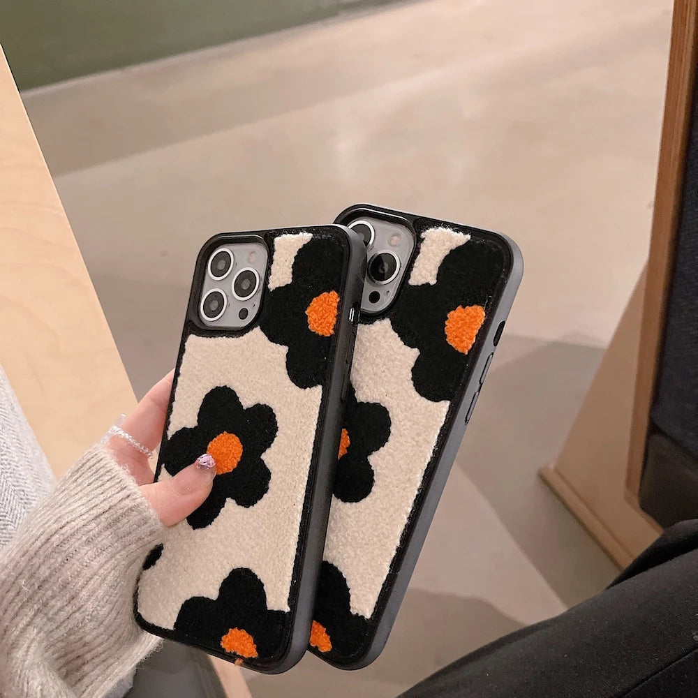 Winter Plush Cute Phone Cases for iPhone 14 13 Pro 12 11 7 8 X XR XS Max Orange Floral - Touchy Style