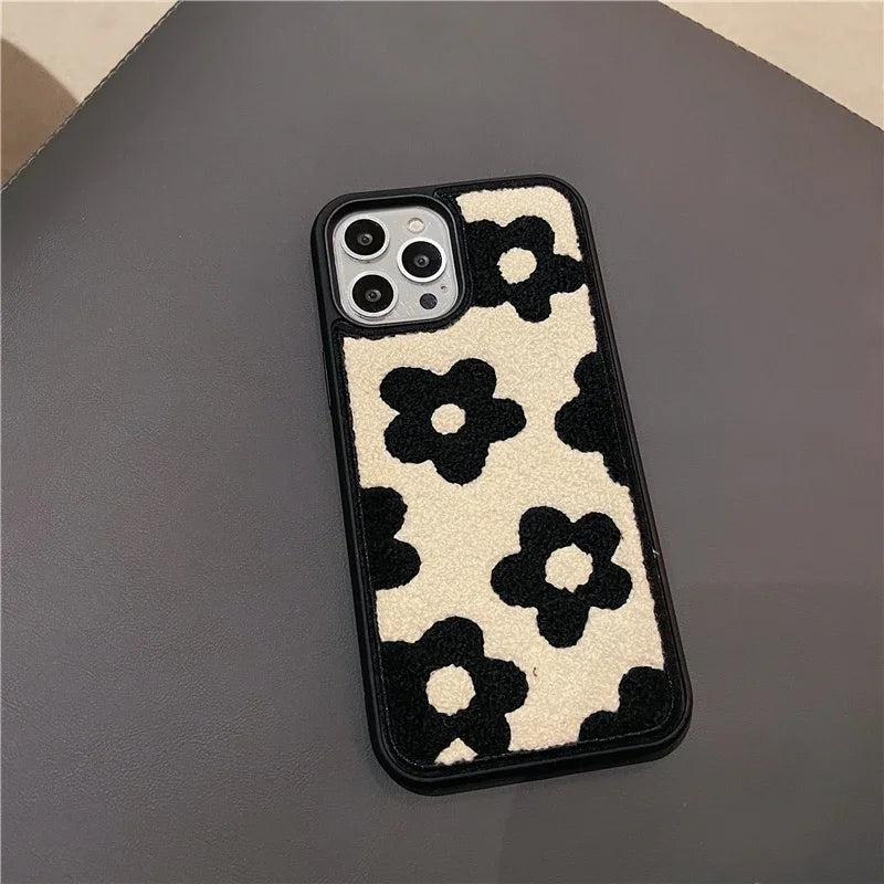 Winter Plush Cute Phone Cases for iPhone 14 13 Pro 12 11 7 8 X XR XS Max Orange Floral - Touchy Style