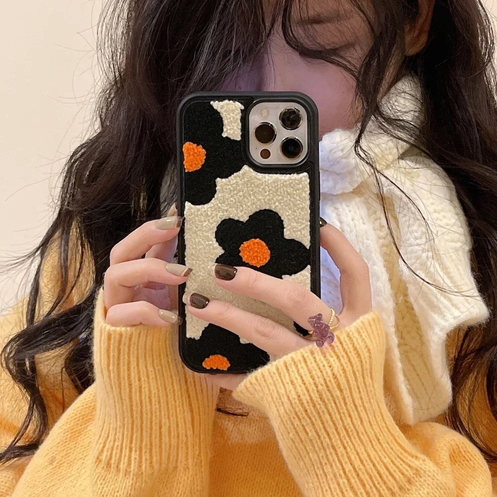 Winter Plush Cute Phone Cases for iPhone 14 13 Pro 12 11 7 8 X XR XS Max Orange Floral - Touchy Style