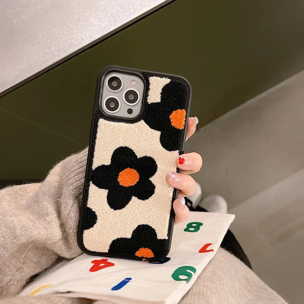 Winter Plush Cute Phone Cases for iPhone 14 13 Pro 12 11 7 8 X XR XS Max Orange Floral - Touchy Style