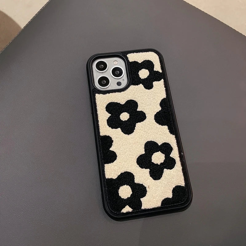 Winter Plush Cute Phone Cases for iPhone 16 15 14 13 Pro 12 11 7 8 X XR XS Max Black Flowers - Touchy Style