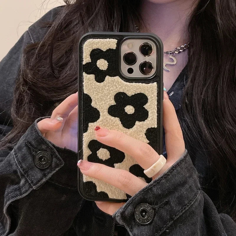 Winter Plush Cute Phone Cases for iPhone 16 15 14 13 Pro 12 11 7 8 X XR XS Max Black Flowers - Touchy Style