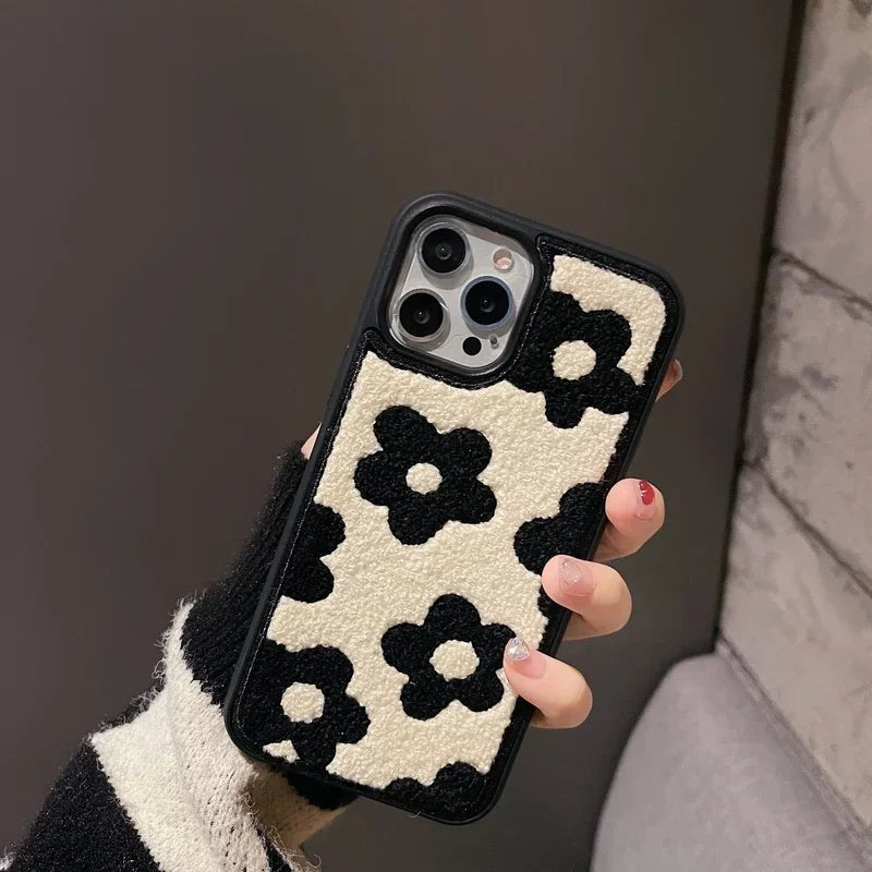 Winter Plush Cute Phone Cases for iPhone 16 15 14 13 Pro 12 11 7 8 X XR XS Max Black Flowers - Touchy Style