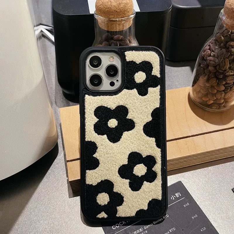 Winter Plush Cute Phone Cases for iPhone 16 15 14 13 Pro 12 11 7 8 X XR XS Max Black Flowers - Touchy Style