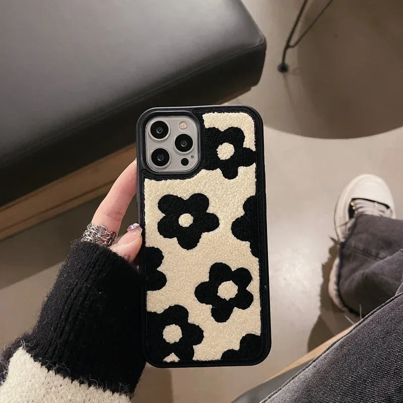 Winter Plush Cute Phone Cases for iPhone 16 15 14 13 Pro 12 11 7 8 X XR XS Max Black Flowers - Touchy Style