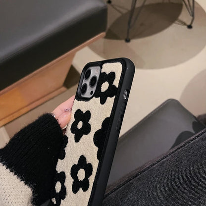 Winter Plush Cute Phone Cases for iPhone 16 15 14 13 Pro 12 11 7 8 X XR XS Max Black Flowers - Touchy Style