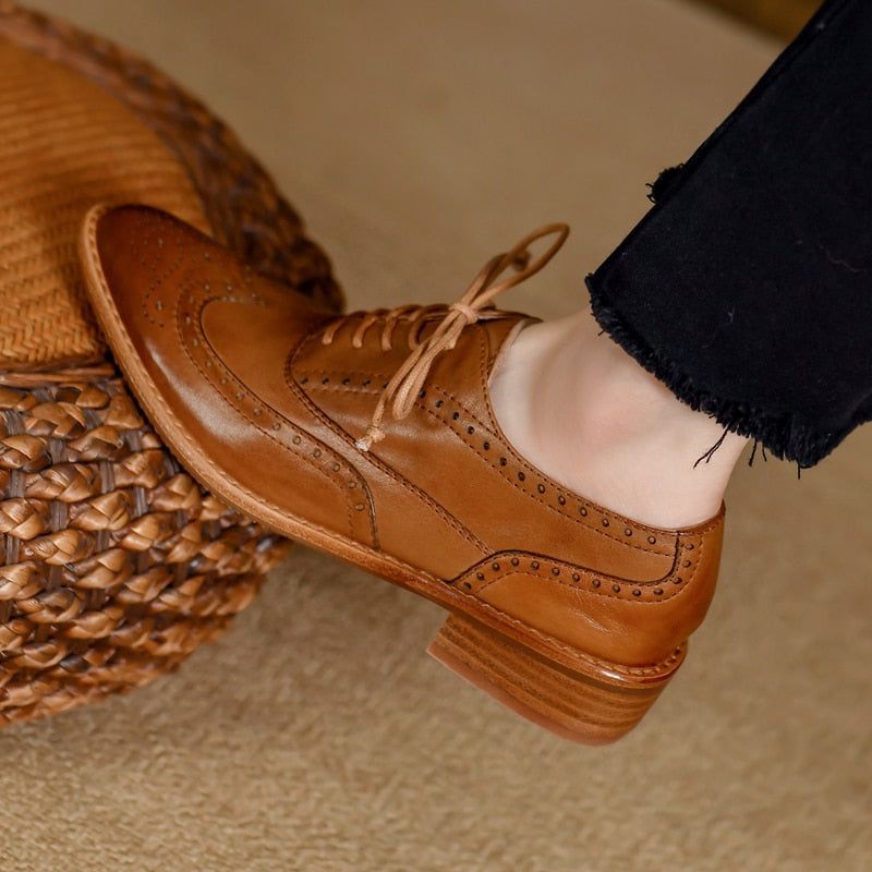 Brown Leather Women Oxford Tie Shoes 