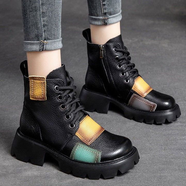 Women's Casual Shoes Ankle Boots 2021 Genuine Leather Zip Round Toe Wedges  Retro Mixed Colors Short Boots