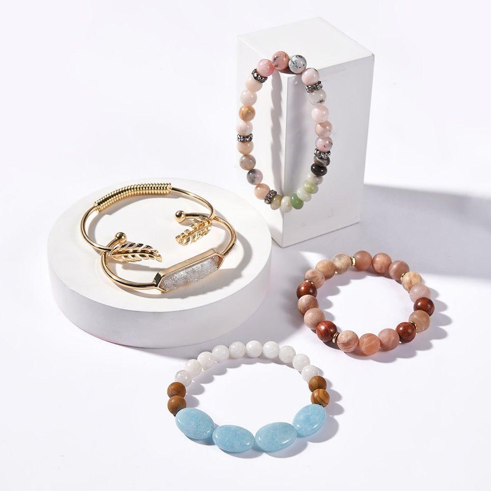 5 Pcs/set Natural Semi-precious Stone Metal Bracelets Charm Jewelry Set BCJH41 - Touchy Style