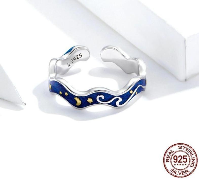 925 Sterling Silver Finger Rings Blue Couple Starry Sky 