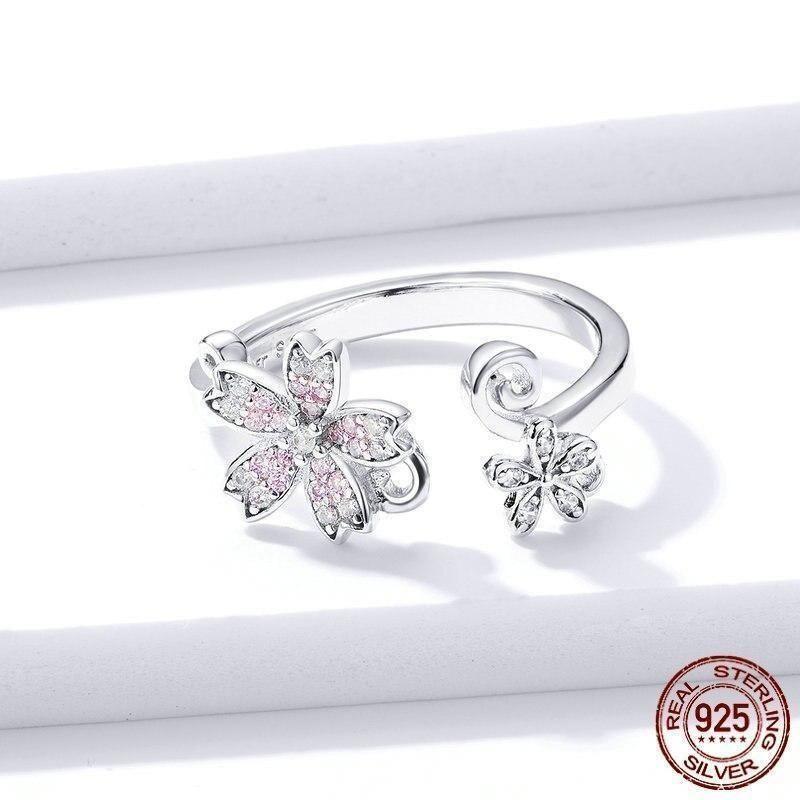 925 Sterling Silver Finger Rings Charm Jewelry Sakura Flower 