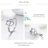 925 Sterling Silver Little Cat & Heart Finger Ring Charm Jewelry 