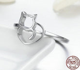 925 Sterling Silver Little Cat & Heart Finger Ring Charm Jewelry 