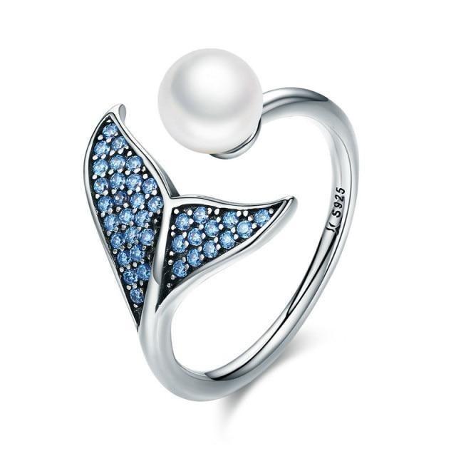 925 Sterling Silver Pearl Dolphin Tail Finger Rings Charm Jewelry 