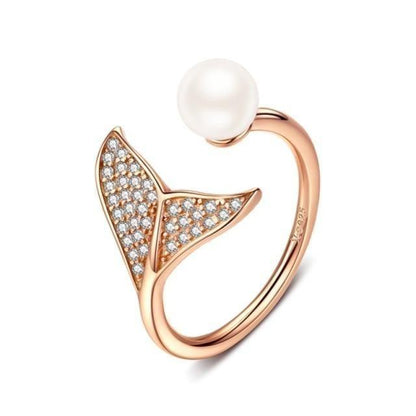 925 Sterling Silver Pearl Dolphin Tail Finger Rings Charm Jewelry 