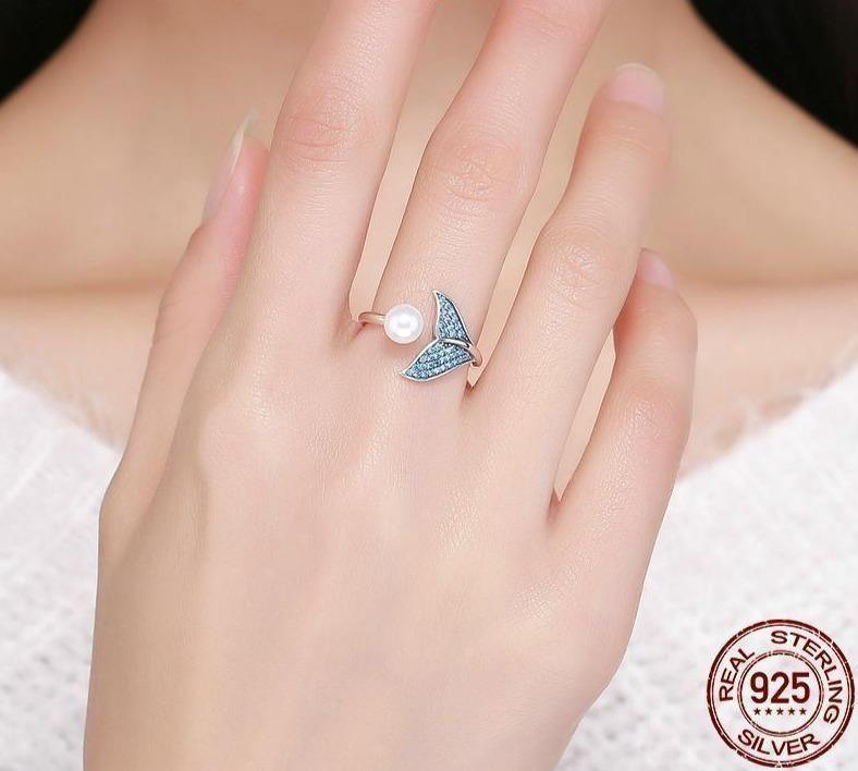 925 Sterling Silver Pearl Dolphin Tail Finger Rings Charm Jewelry 