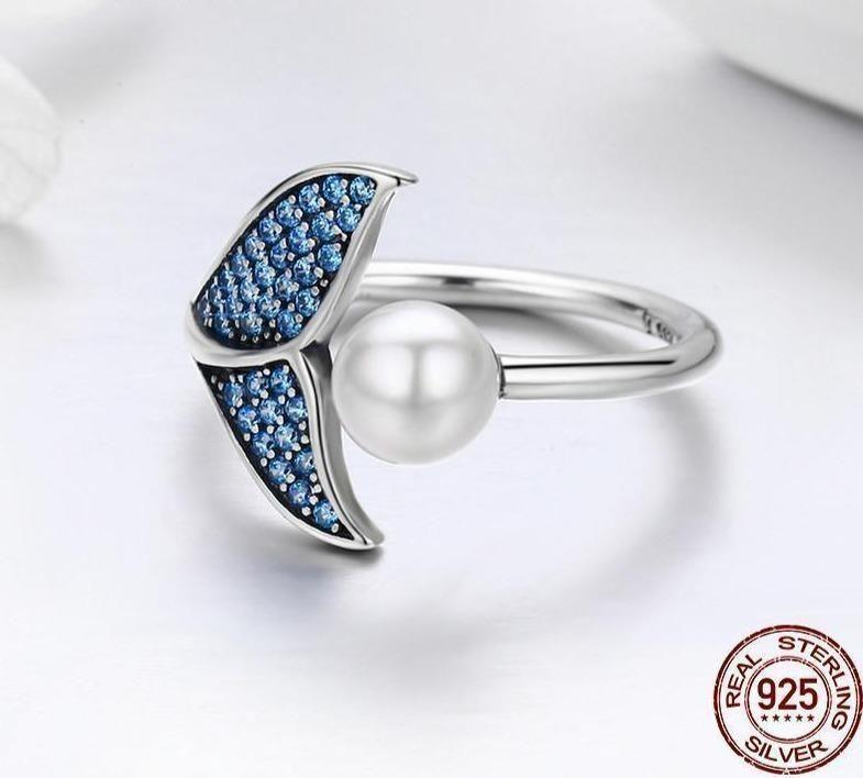 925 Sterling Silver Pearl Dolphin Tail Finger Rings Charm Jewelry 