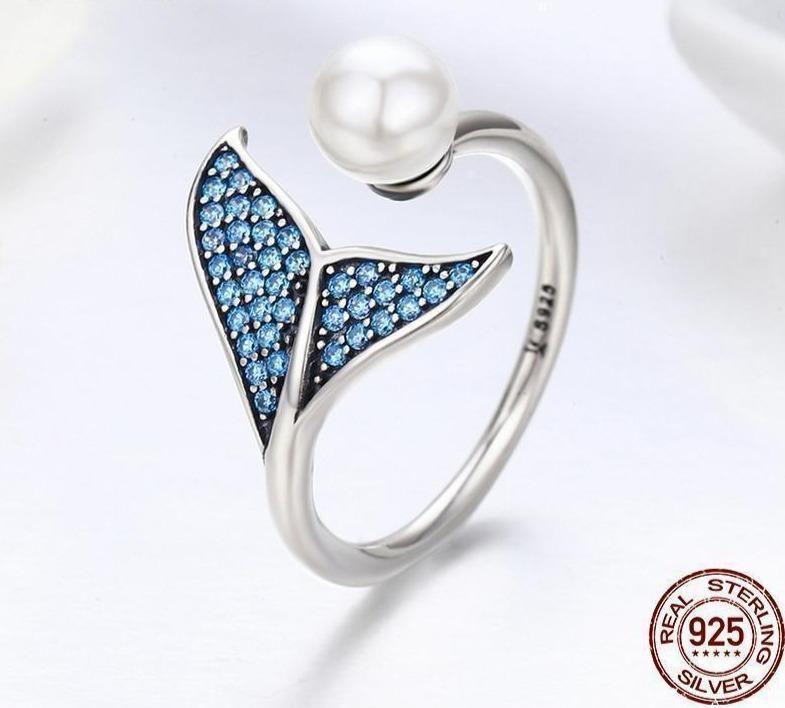 925 Sterling Silver Pearl Dolphin Tail Finger Rings Charm Jewelry 