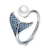 925 Sterling Silver Pearl Dolphin Tail Finger Rings Charm Jewelry 