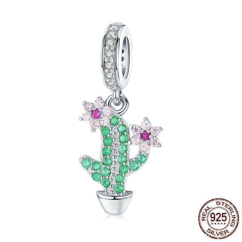 925 Sterling Silver Pendent Charm Jewelry Crystal Cactus 