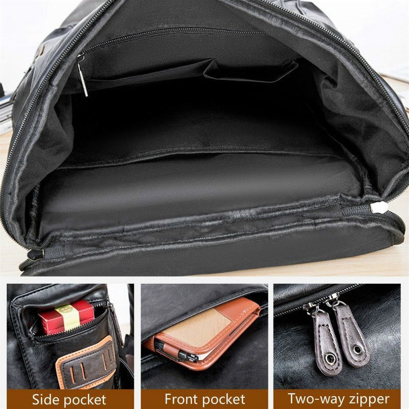 Black Pu Leather Cool Backpack For Men&