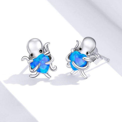 Blue Octopus Heart 925 Sterling Silver Stud Earrings Charm Jewelry BOS1228 - Touchy Style