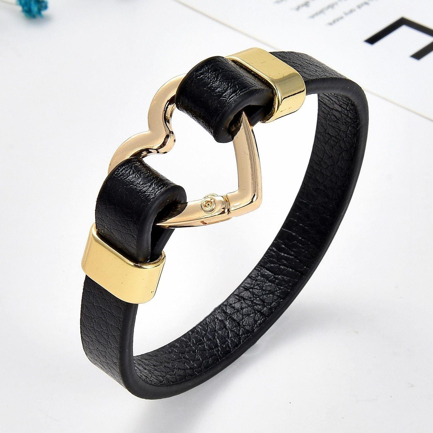 Bracelet Charm Jewelry 2021 Trendy Heart Shape Clasp Gold Metal Black Leather - Touchy Style