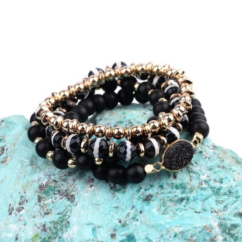 Bracelet Charm Jewelry Set 4 Pcs Natural Stone Elastic Oval Druzy Black Agates Bracelets - Touchy Style