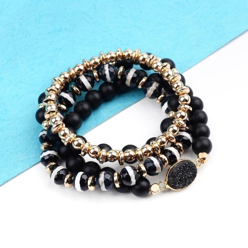 Bracelet Charm Jewelry Set 4 Pcs Natural Stone Elastic Oval Druzy Black Agates Bracelets - Touchy Style