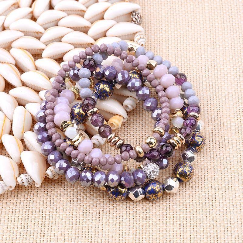 Bracelet Charm Jewelry Set 5 Pcs Trendy Multilayer Purple Gray Crystal Blue Enamel Bracelet - Touchy Style