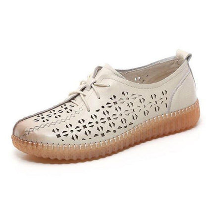 Casual Shoes Genuine Cow Leather Flat Comfortable For Women Hollow Breathable Lace-Up Ladies Flats - Touchy Style